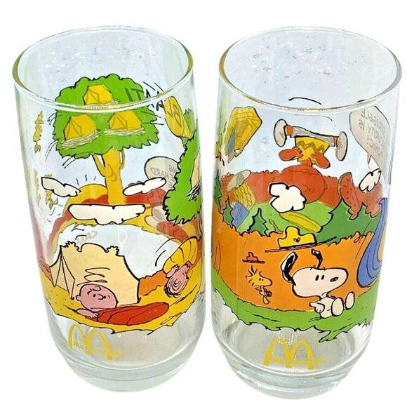 Two McDonalds ORIGINAL 1970S Peanuts Camp Snoopy Collection Glasses Charlie Brow - Picture 3 of 12